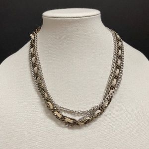 Gina Collection Triple Strand Leather and Chain Brooch Clasp Necklace